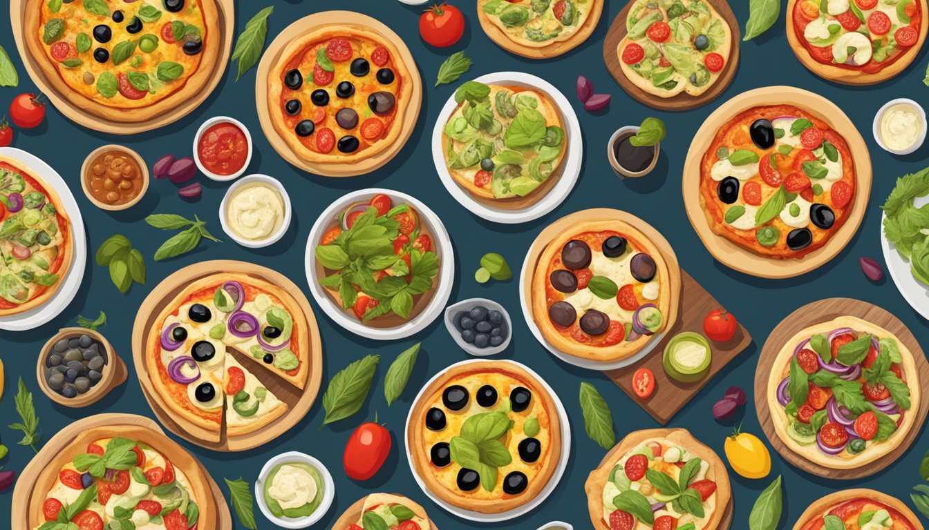 A table with a variety of Mediterranean-inspired pizzas, including a vegan option with colorful toppings like olives, tomatoes, and artichokes