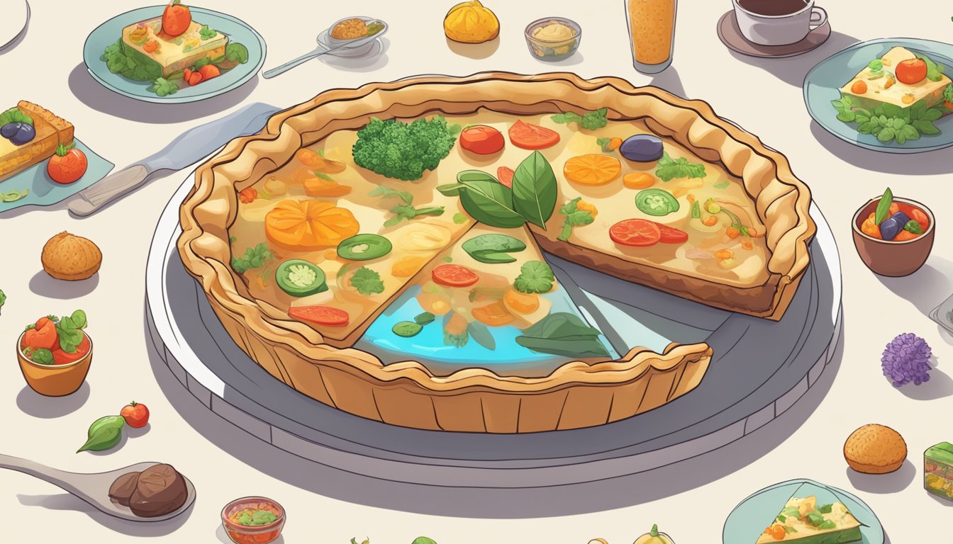 A transparent vegan pie sits on a table, surrounded by diverse cultural symbols and icons, reflecting its widespread cultural impact and popularity