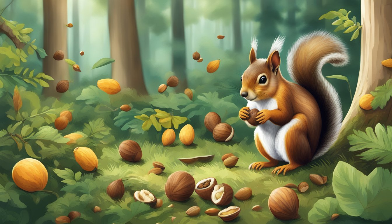 A squirrel gathering a variety of wild nuts in a lush forest setting