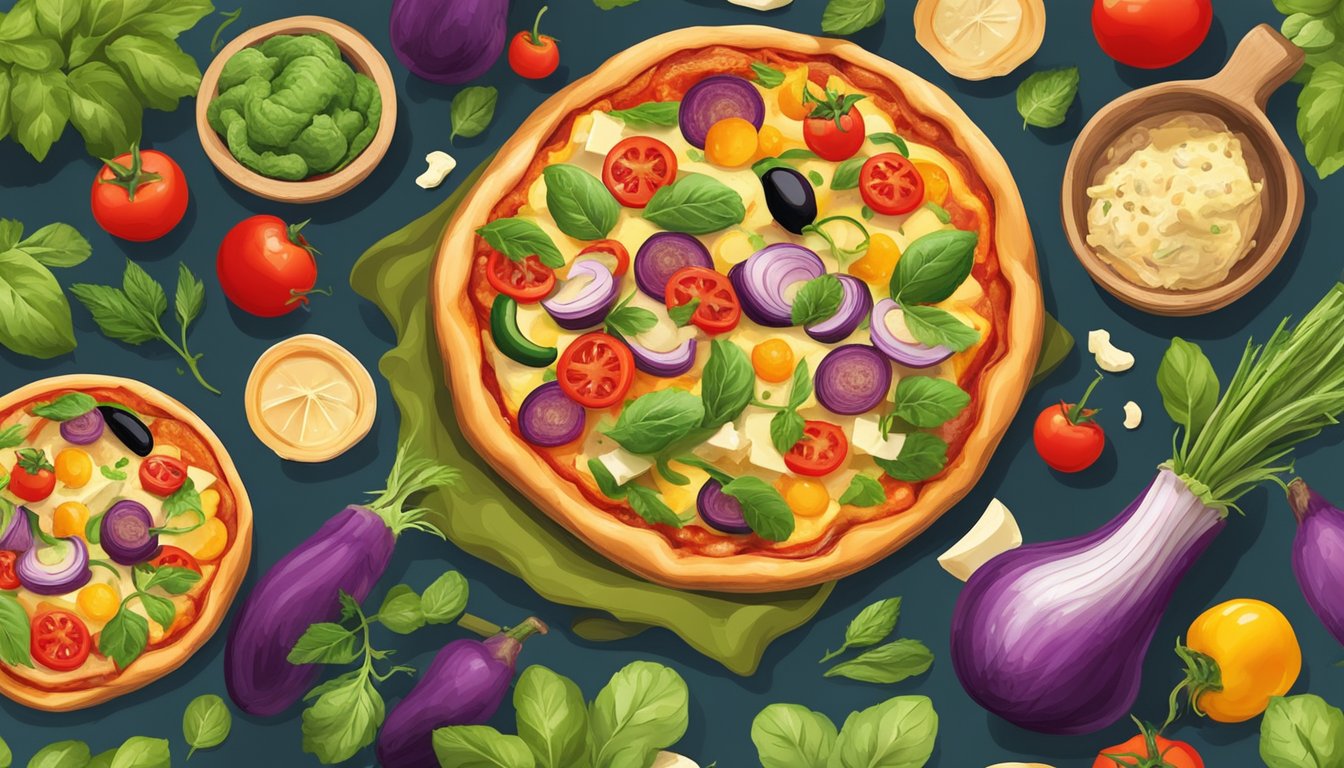 A colorful pizza with vibrant Mediterranean vegetables and plant-based cheese on a golden crust, fresh from the oven