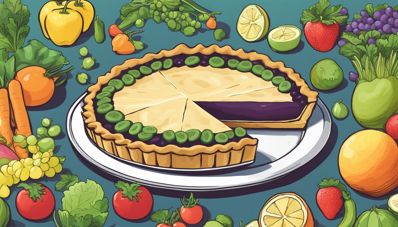 A slice of Dixie Pie surrounded by fresh fruits and vegetables, with a "vegan" label prominently displayed