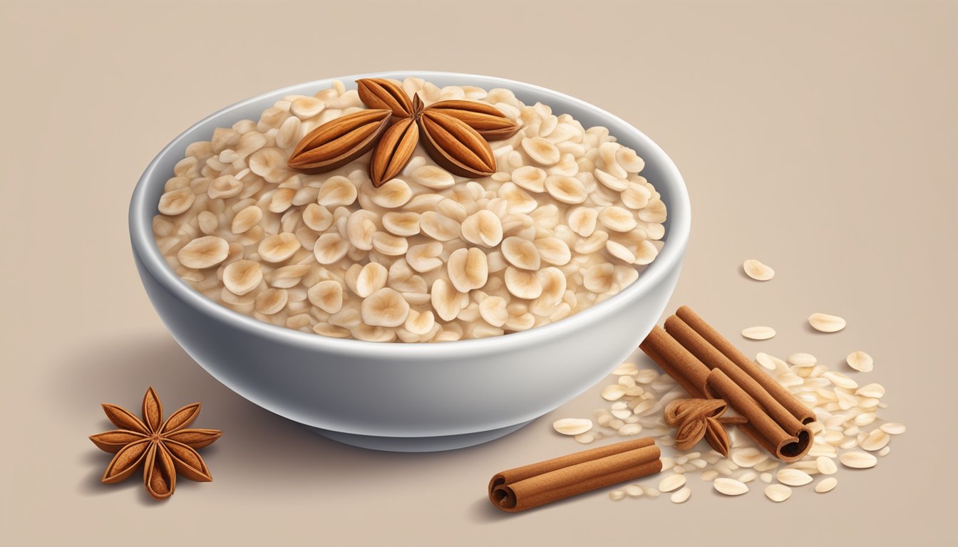 A bowl of oatmeal topped with nuts and sprinkled with cinnamon, surrounded by a few scattered nuts and cinnamon sticks