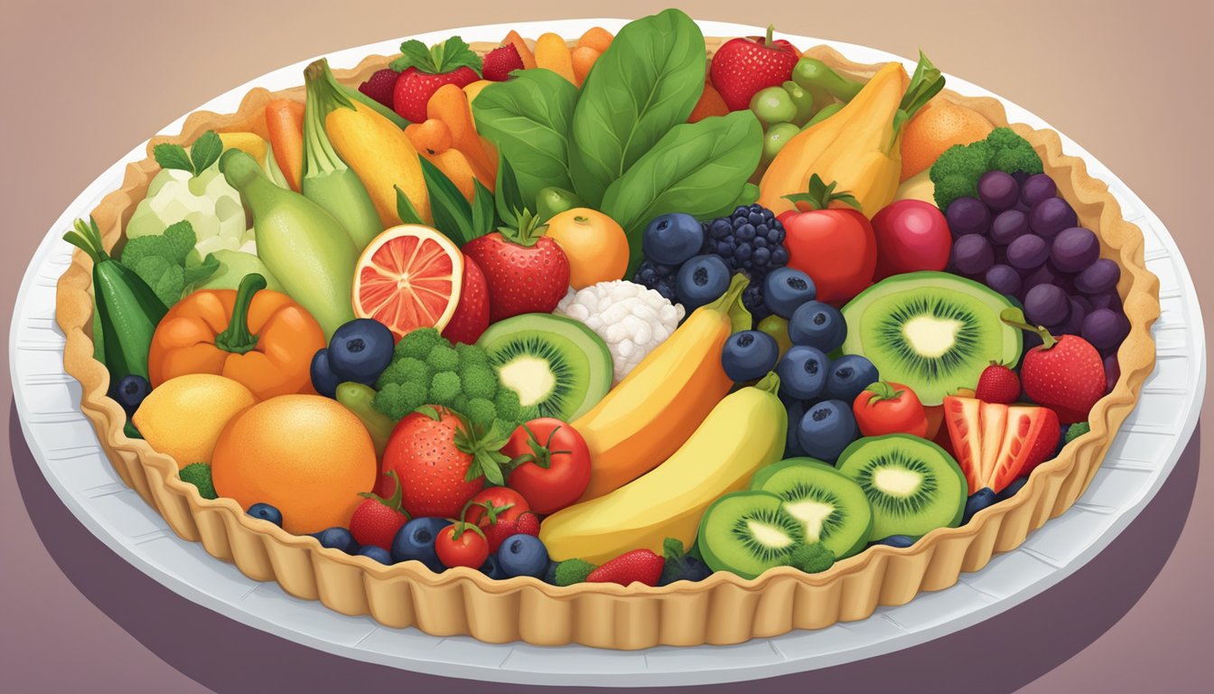 A colorful array of fresh fruits and vegetables arranged in a pie crust, with a plant-based "dixie pie" label displayed prominently