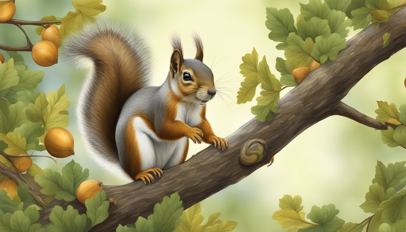 A squirrel perched on a tree branch, reaching out to forage and harvest wild nuts from the surrounding foliage