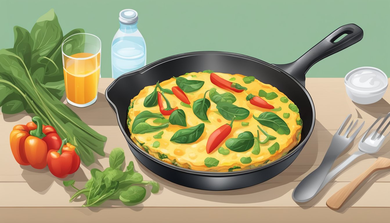 A sizzling omelet in a non-stick pan, filled with vibrant spinach and bell peppers, surrounded by fresh vegetables and a glass of water