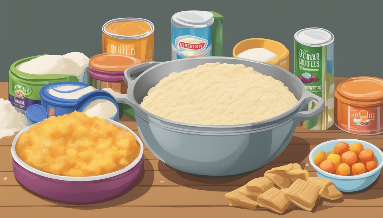 A table with a mixing bowl filled with flour, sugar, and vegetable shortening, surrounded by cans of fruit filling and a pie crust