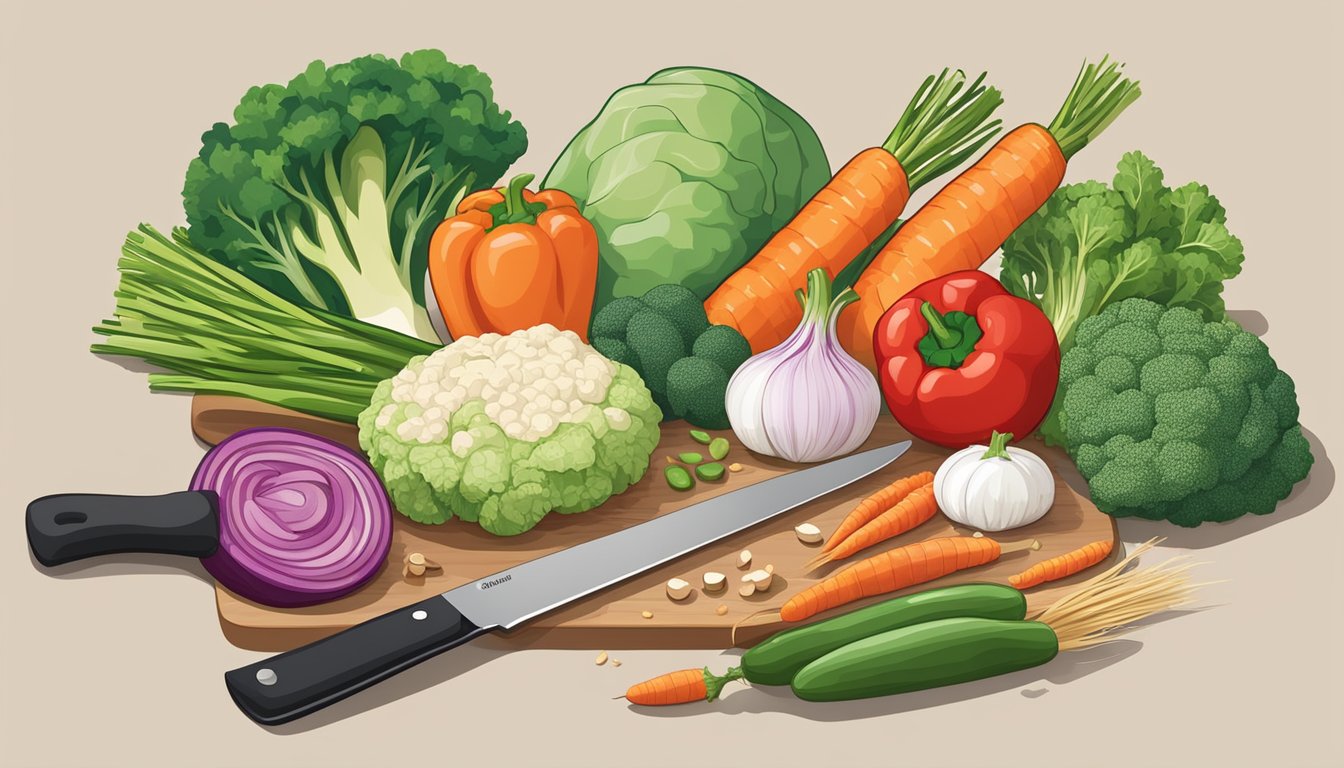 A colorful array of fresh vegetables, lean proteins, and whole grains arranged on a table, with a chef's knife and cutting board nearby