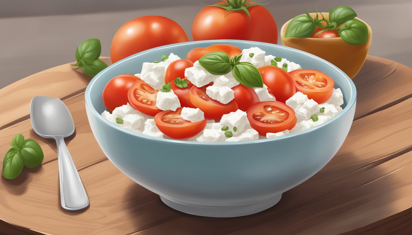 A bowl of cottage cheese topped with fresh tomato slices on a wooden breakfast table