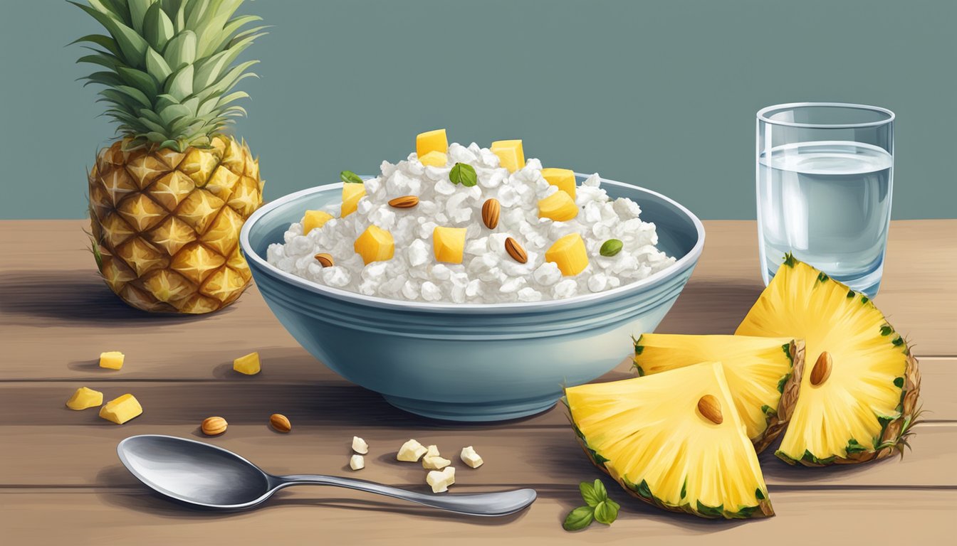 A bowl of low-fat cottage cheese topped with fresh pineapple, accompanied by a glass of water and a small plate of mixed nuts and seeds