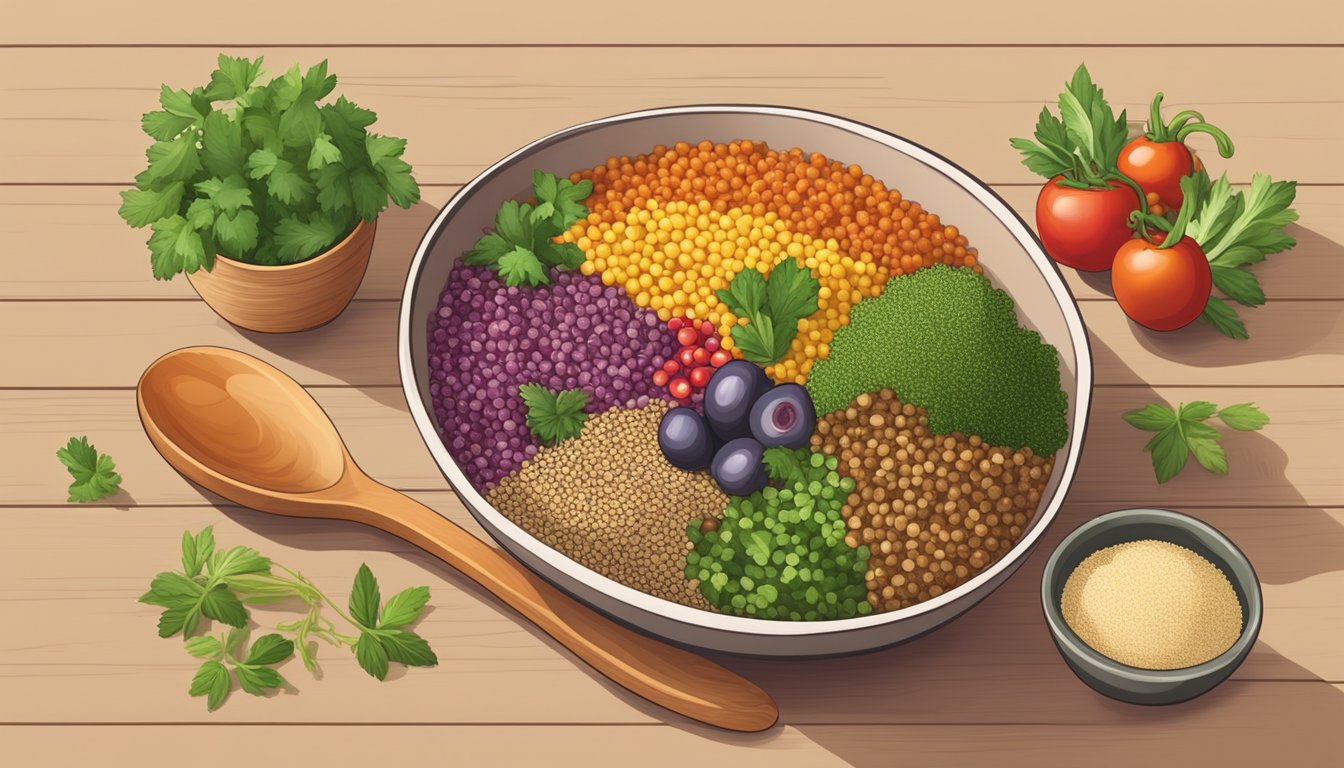 A colorful bowl filled with cooked quinoa, assorted vegetables, and fresh herbs, set on a wooden table with a spoon beside it