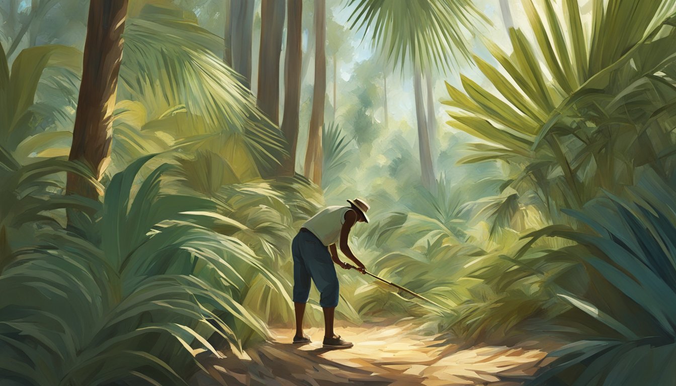 A figure gathers wild palm fronds from the forest floor, carefully selecting the best ones to harvest. The sun filters through the canopy, casting dappled light on the scene