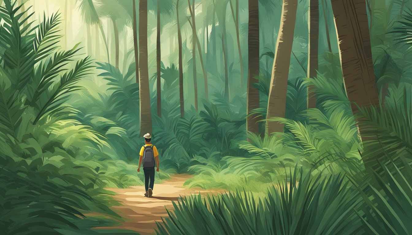 A person gathering wild palm fronds in a lush forest clearing