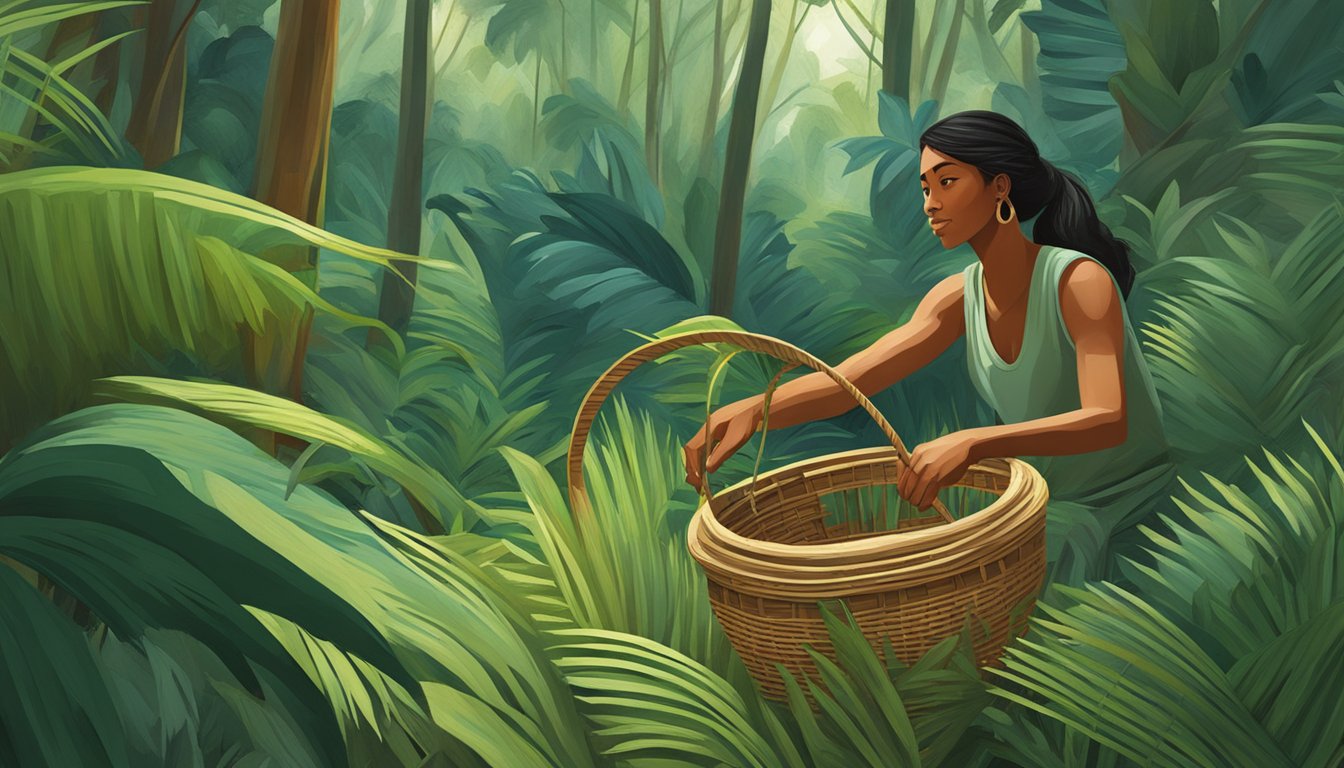 A figure skillfully gathers wild palm fronds using a curved sickle and woven basket in a lush forest clearing