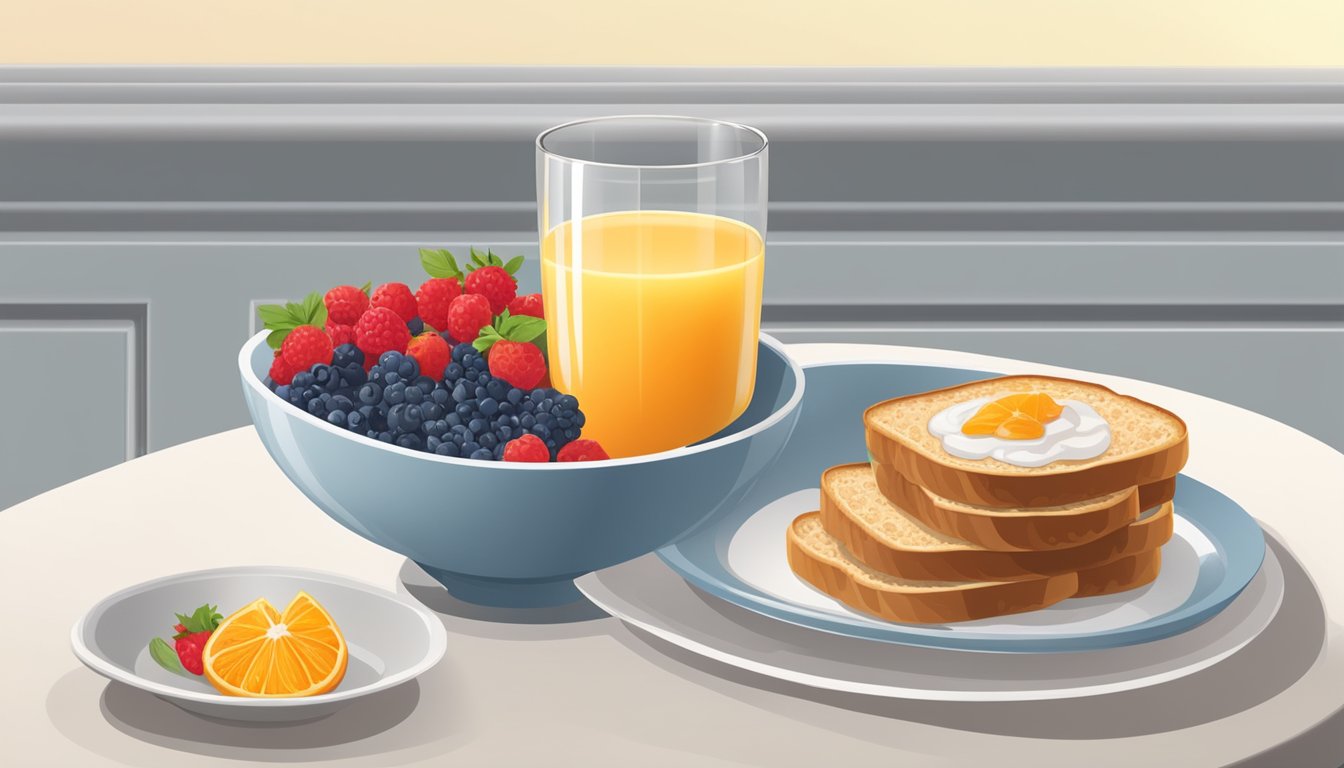 A table set with a bowl of oatmeal topped with berries, a plate of whole grain toast, and a glass of fresh orange juice