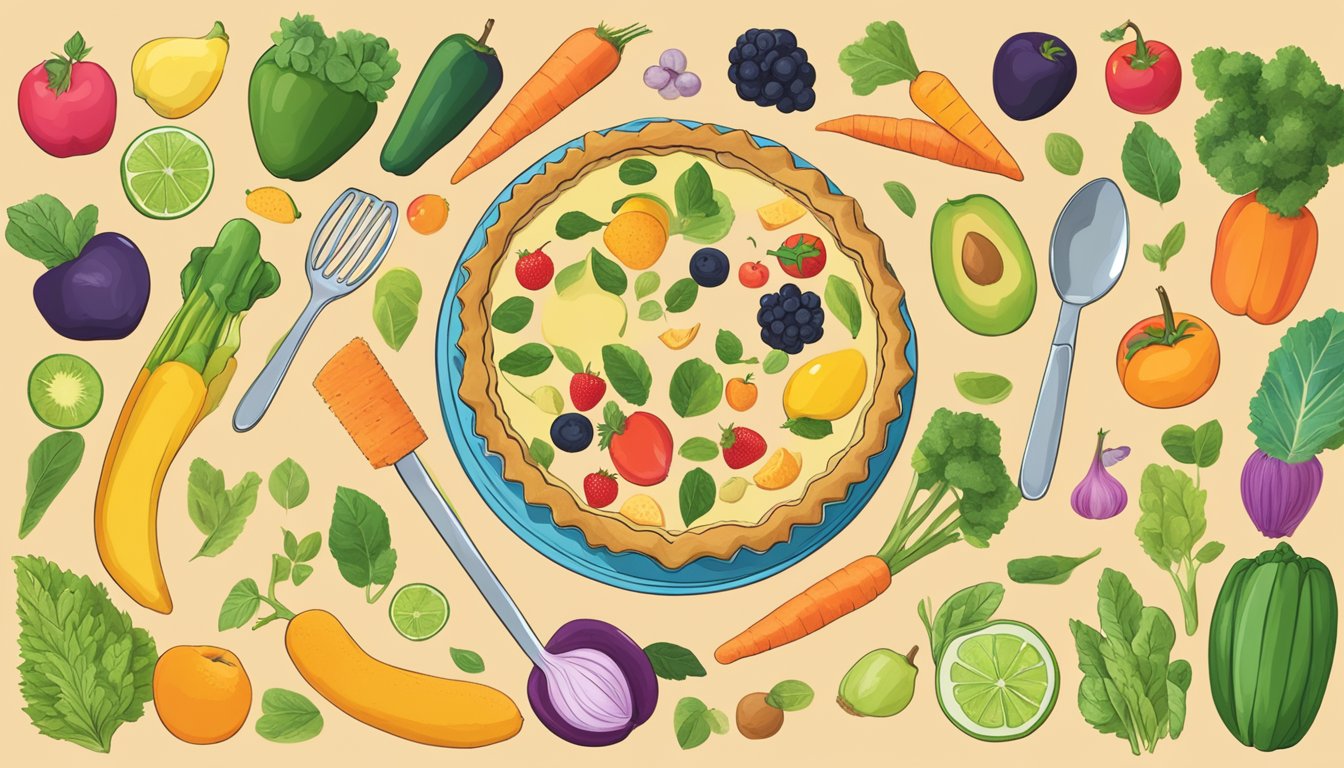 A colorful array of fresh fruits and vegetables, a vegan pie crust, and a measuring spoon filled with plant-based ingredients