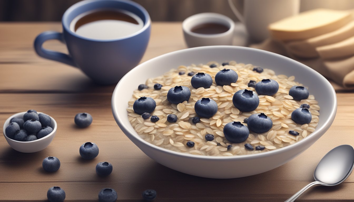 A bowl of oatmeal topped with chia seeds and blueberries sits on a rustic wooden table, accompanied by a cup of tea