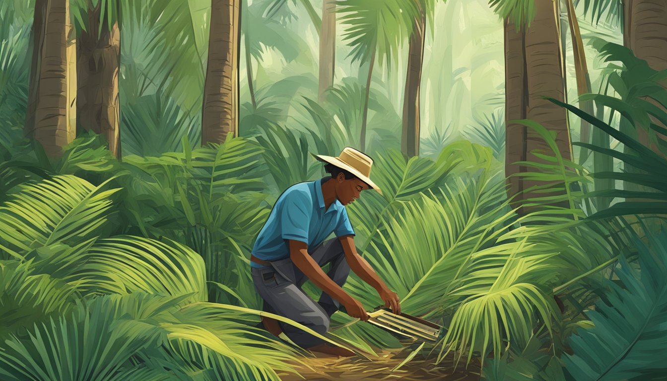 A person using a knife to harvest wild palm fronds in a lush forest clearing