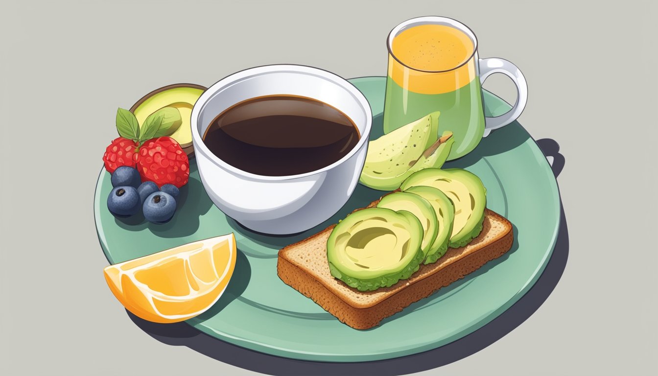 A plate with wholegrain toast topped with mashed avocado, accompanied by a cup of tea and a side of fresh fruit