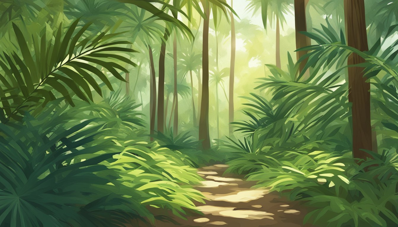 Sun-dappled forest floor with scattered wild palm fronds, surrounded by lush greenery and dappled sunlight