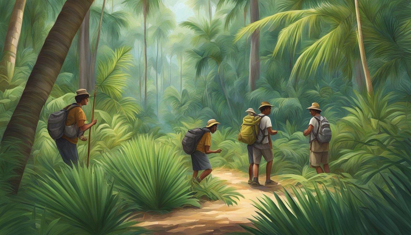 A group of foragers gathering wild palm fronds in a lush forest clearing