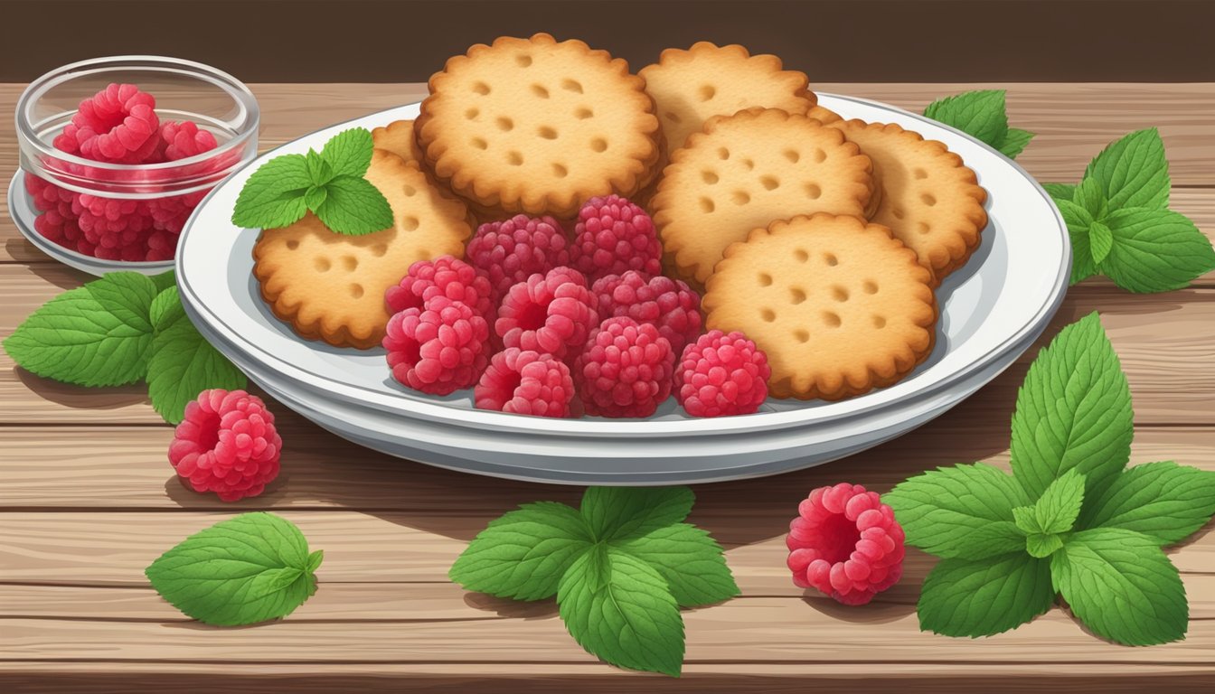 A plate of Empire Biscuits surrounded by fresh raspberries and a sprig of mint on a rustic wooden table