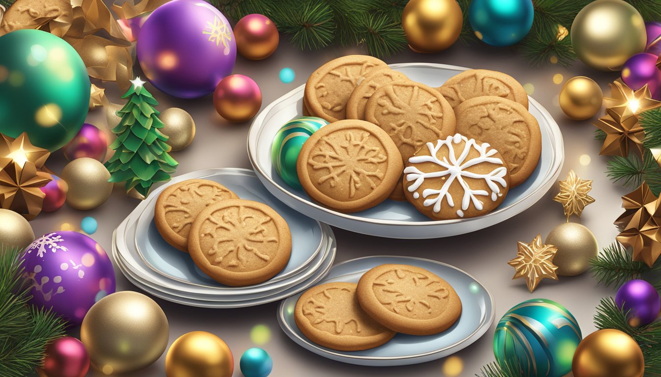 A plate of pfeffernüsse cookies surrounded by festive holiday decorations