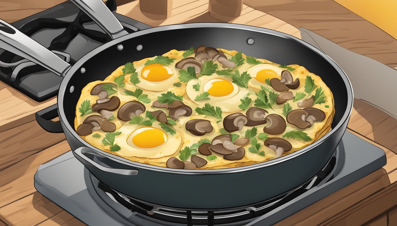 A sizzling omelette filled with mushrooms and herbs cooking in a non-stick skillet on a stovetop