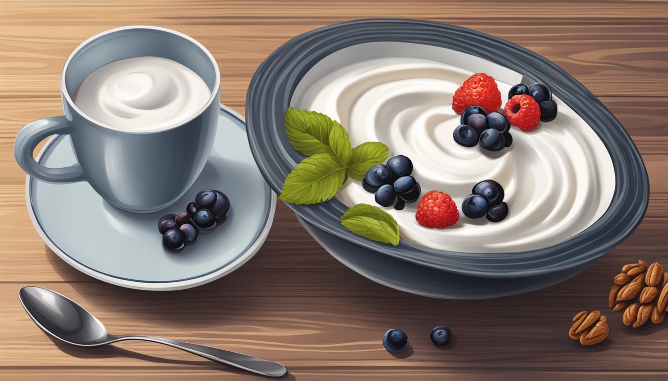 A bowl of Greek yogurt topped with walnuts sits on a wooden table, surrounded by a cup of black coffee and a plate of fresh berries