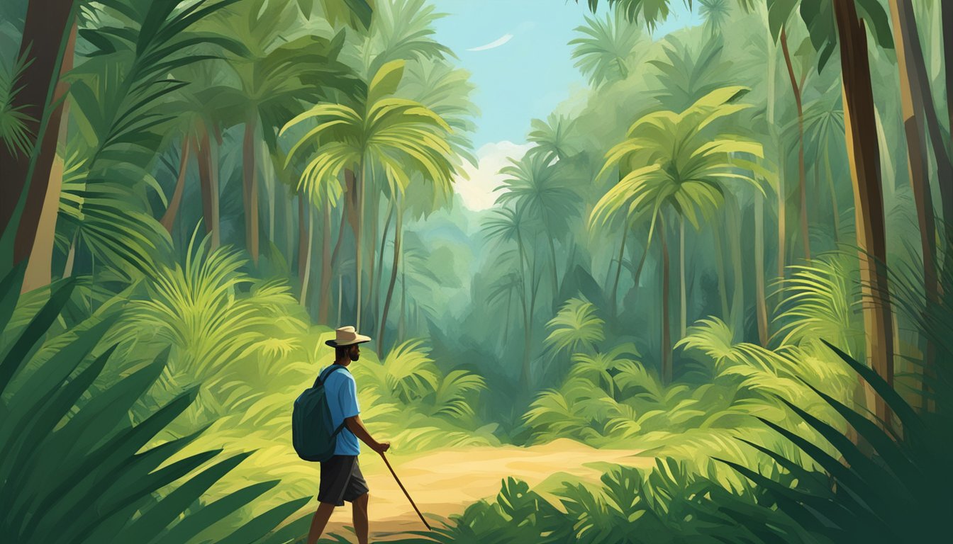 A figure collecting wild palm fronds in a lush forest clearing