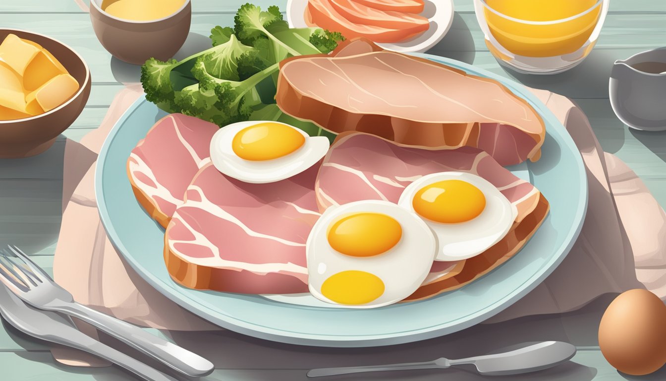 A plate with lean ham slices, eggs, and vegetables on a breakfast table