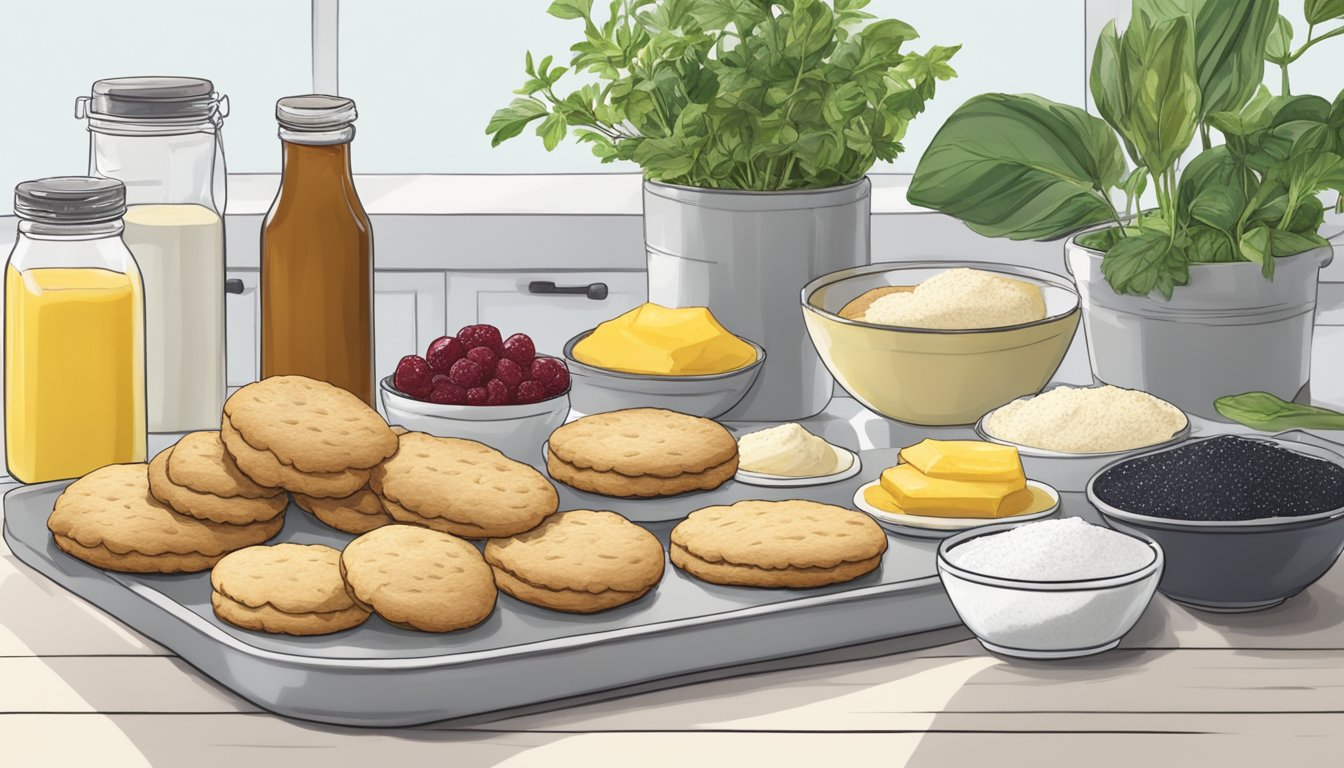 A kitchen counter with ingredients for vegan empire biscuits, including plant-based butter, flour, jam, and powdered sugar