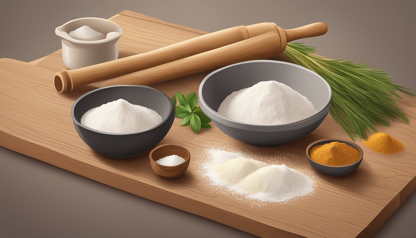 A bowl of vegan pfeffernüsse ingredients: flour, sugar, spices, and a rolling pin on a wooden countertop