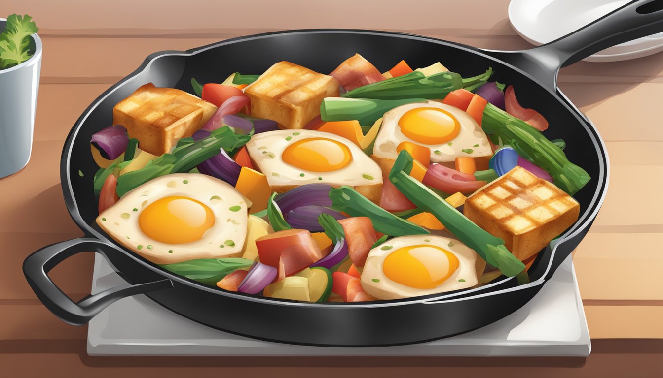 A sizzling skillet with tofu bacon and colorful breakfast vegetables