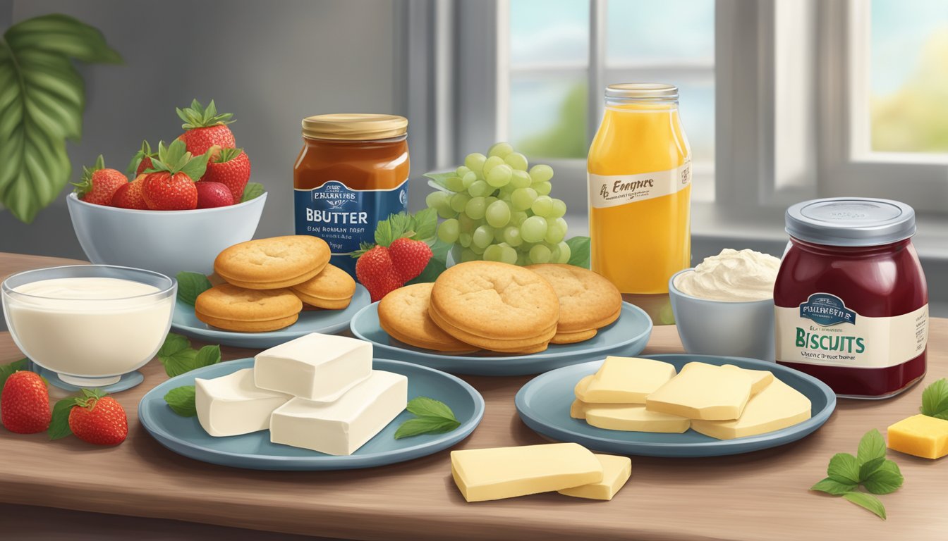 A table with a spread of vegan ingredients: flour, sugar, plant-based milk, dairy-free butter, and fruit jam for empire biscuits