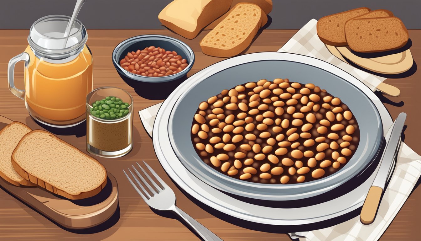 A plate of baked beans and wholegrain bread on a breakfast table