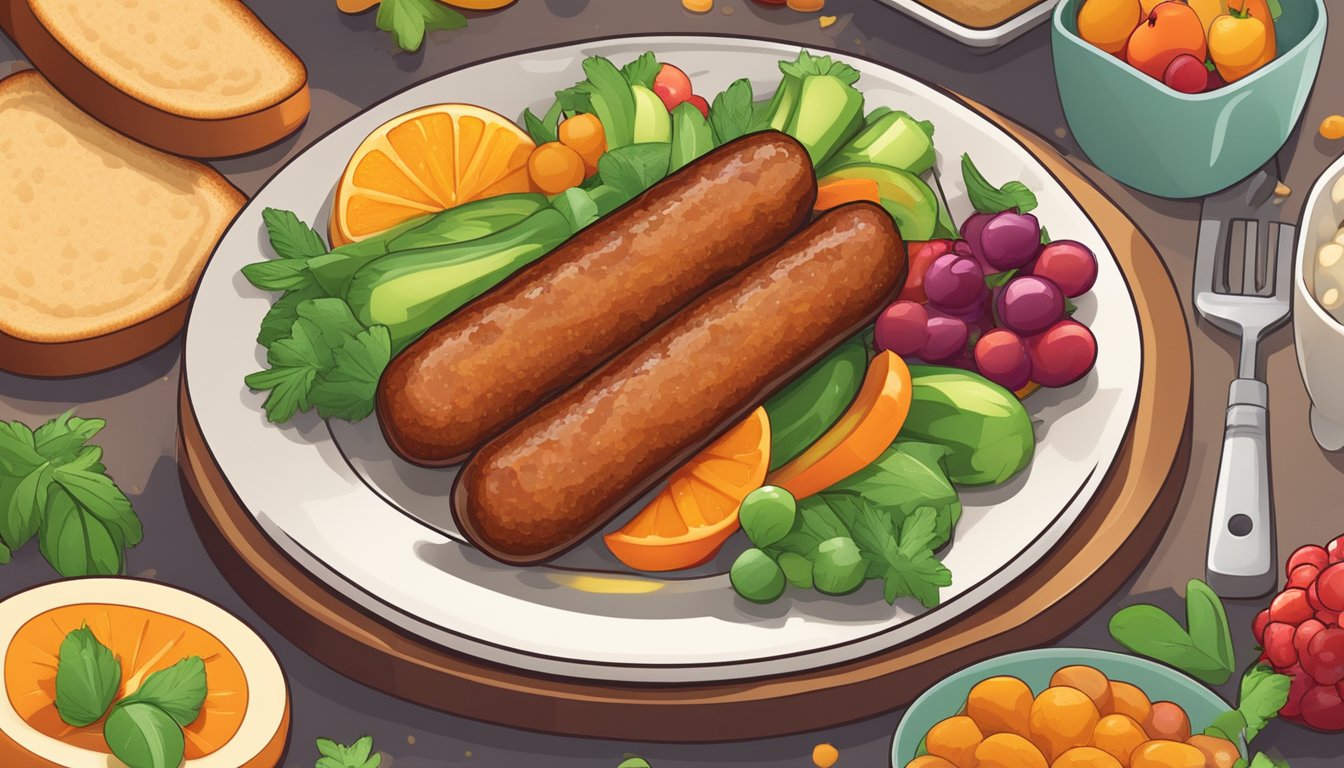 A plate of veggie sausage links sizzling on a skillet, surrounded by colorful fruits and whole grain toast