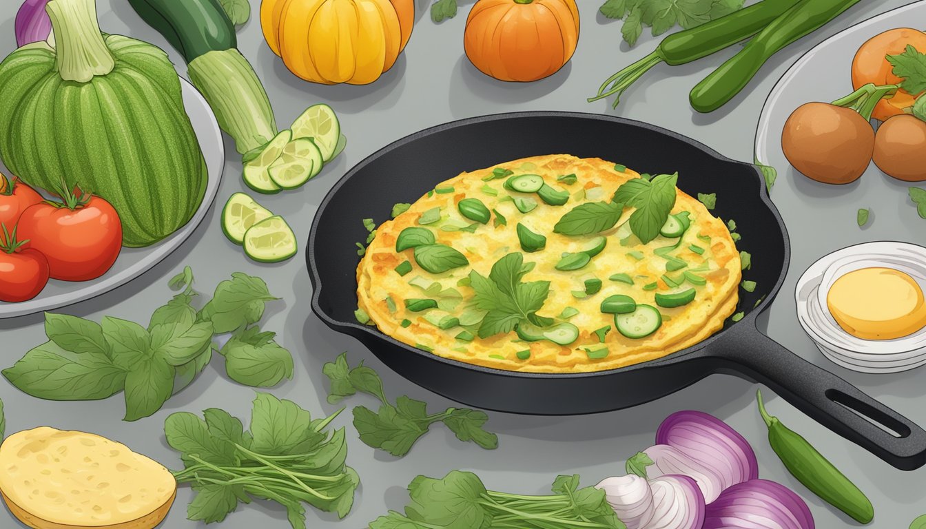 A zucchini and Parmesan omelette sizzling in a non-stick skillet, surrounded by colorful vegetables and herbs