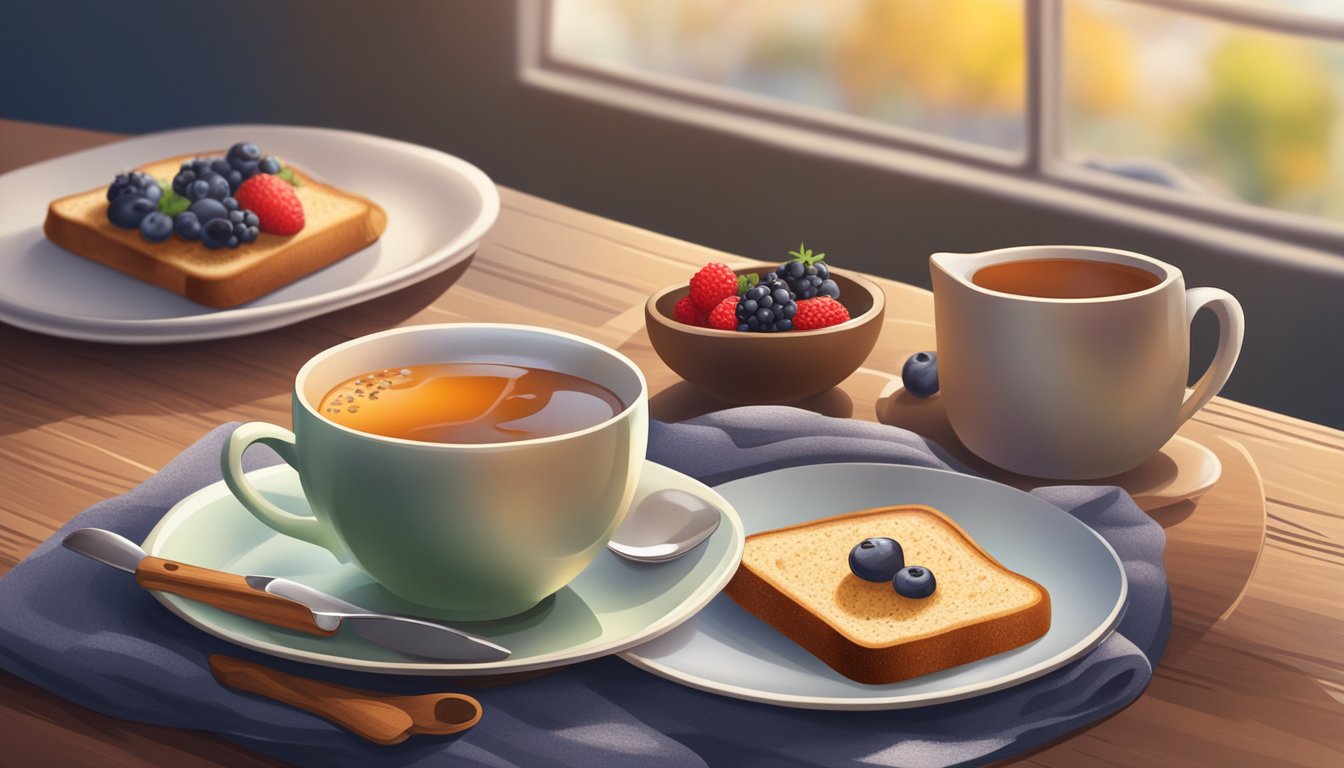 A steaming cup of herbal tea with a sprinkle of cinnamon sits next to a plate of whole grain toast and fresh berries, set on a cozy breakfast table