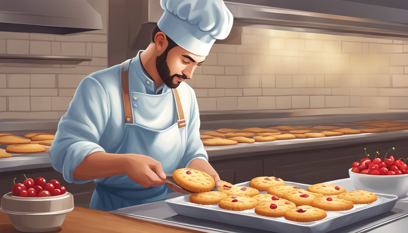 A baker delicately applies icing and a cherry on top of a freshly baked empire biscuit