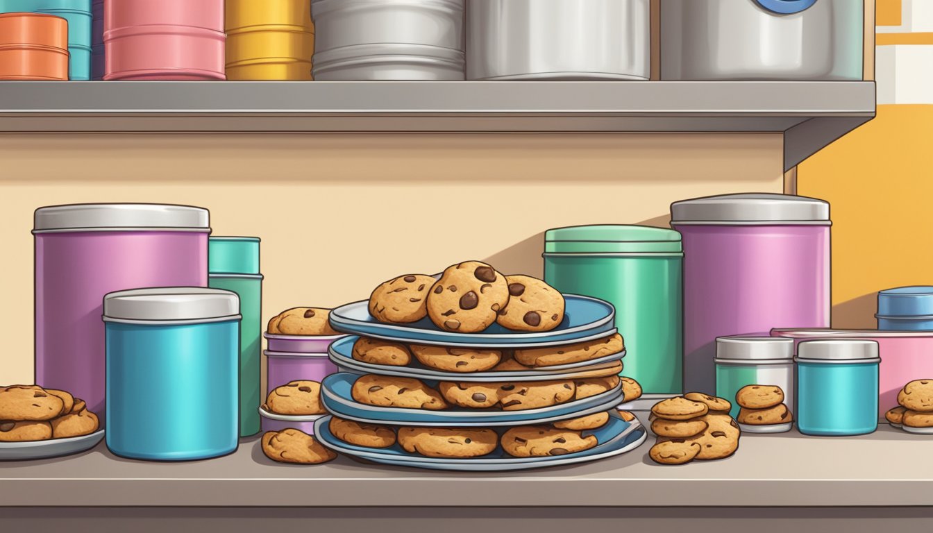 A plate of vegan Pfeffernüsse cookies sits next to a stack of colorful storage tins on a kitchen counter