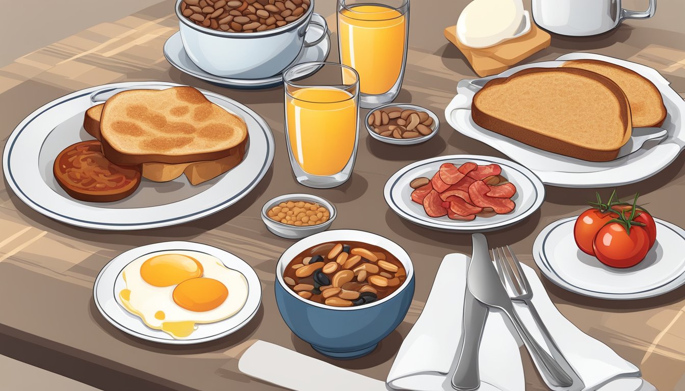 A table set with a traditional British breakfast spread including eggs, bacon, sausage, beans, tomatoes, mushrooms, and whole grain toast