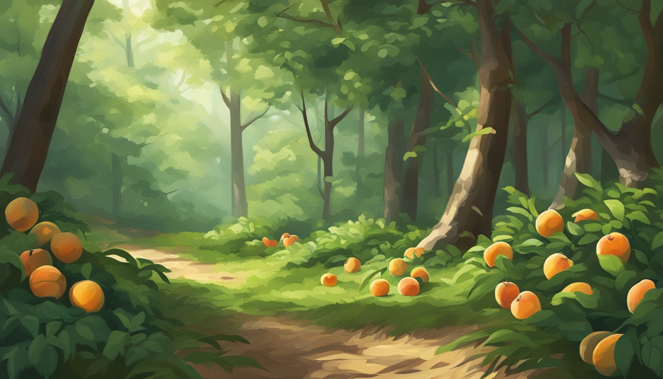 A forest floor with ripe wild peaches growing on low-hanging branches, surrounded by lush green foliage and dappled sunlight