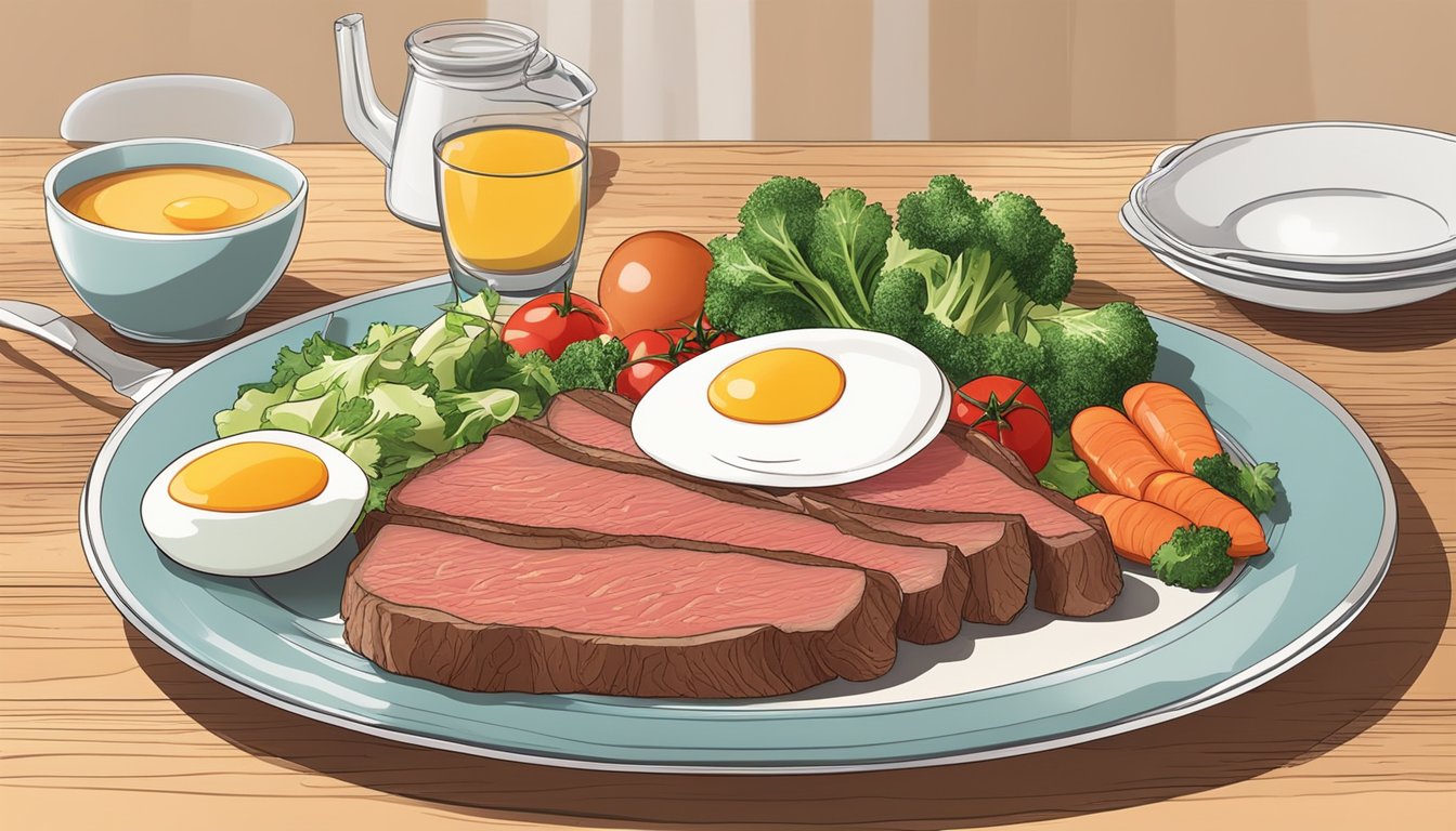 A plate with lean beef cuts, eggs, and vegetables on a breakfast table