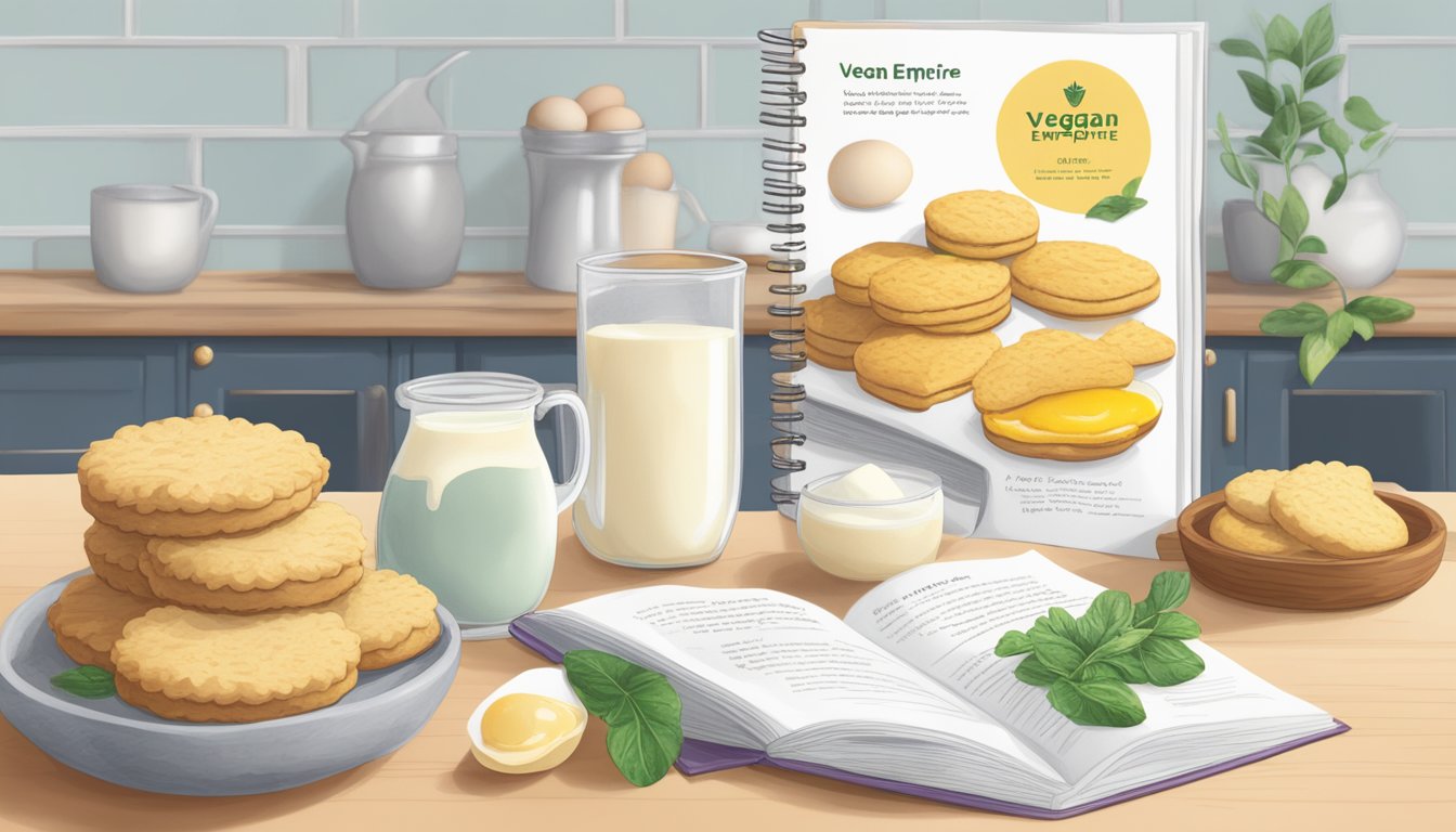 A table with ingredients like dairy-free butter, plant-based milk, and egg replacer, alongside a recipe book open to a page titled "Vegan Empire Biscuits."