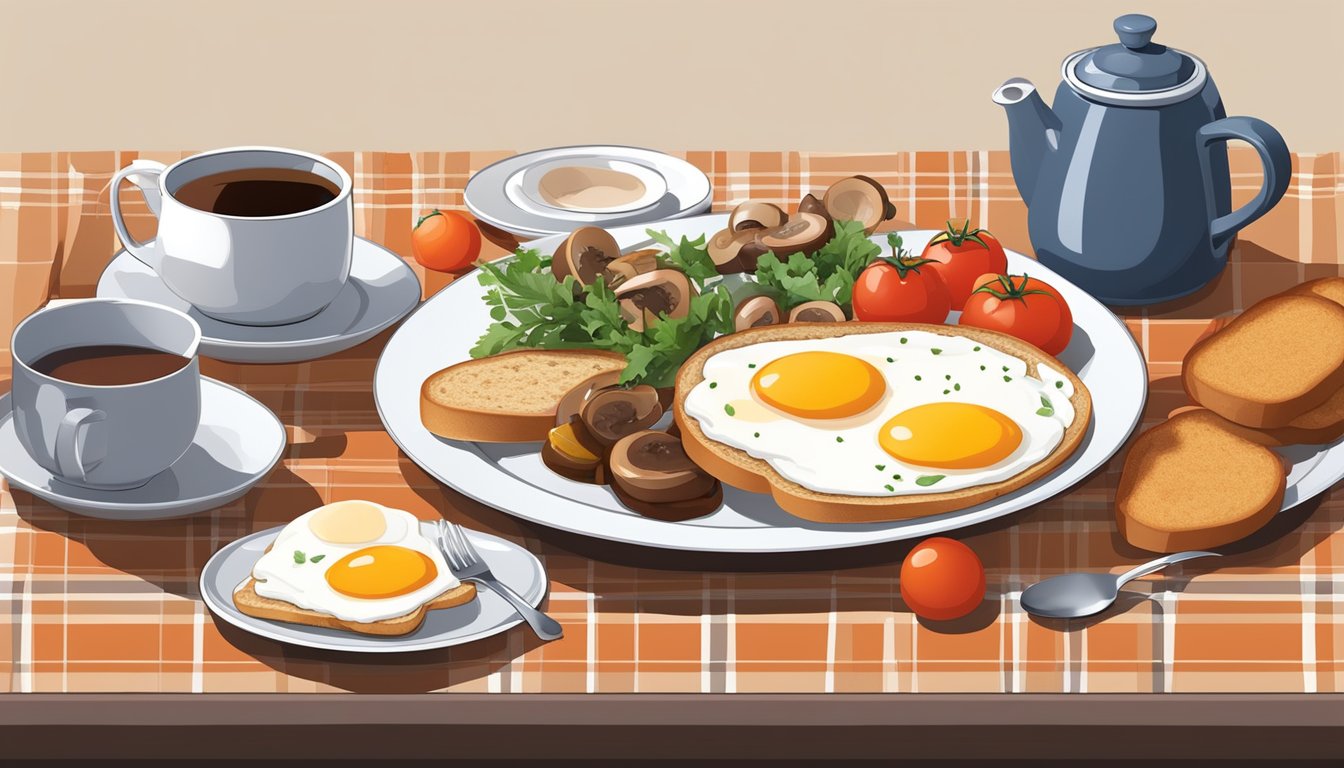 A table set with a traditional English breakfast spread, including eggs, tomatoes, mushrooms, and whole grain toast, with a pot of tea on the side