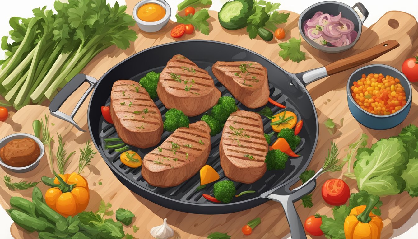 A sizzling pork tenderloin cooking on a non-stick pan, surrounded by colorful vegetables and herbs