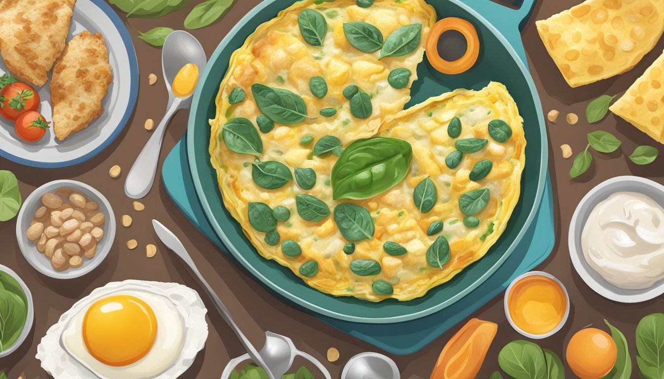 A colorful omelette filled with chicken and spinach, surrounded by a variety of diabetes-friendly breakfast foods