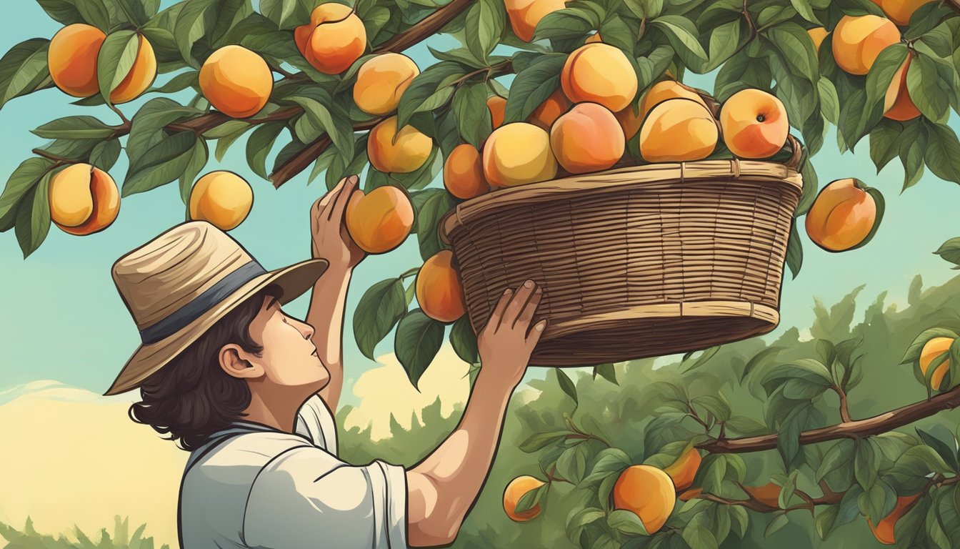 A figure collects ripe wild peaches from a tree, using a basket and gentle hands to carefully harvest the fruit