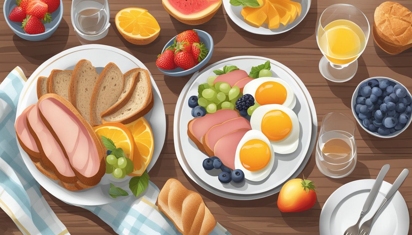 A table set with a colorful array of fruits, whole grain bread, and lean breakfast meats, with a glass of water and a plate of eggs