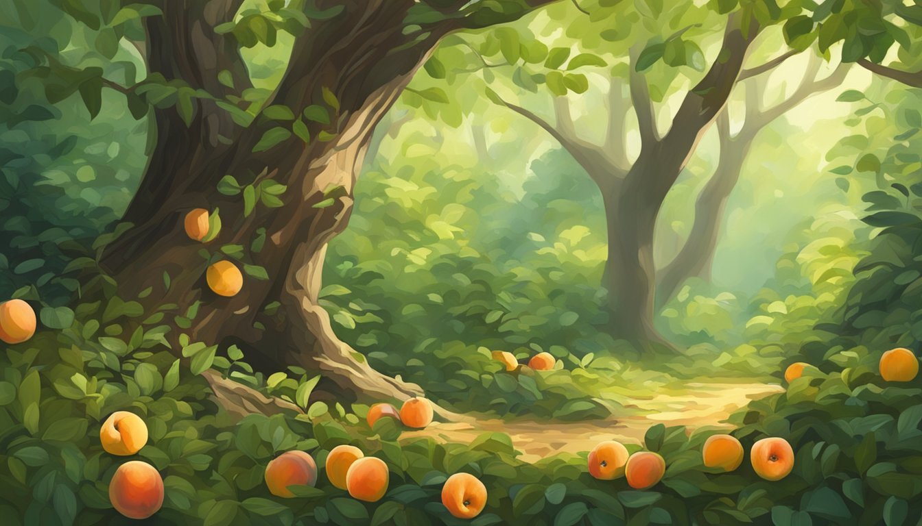 A lush forest floor with dappled sunlight, where ripe wild peaches hang from the branches of a gnarled tree, surrounded by green foliage and fallen leaves